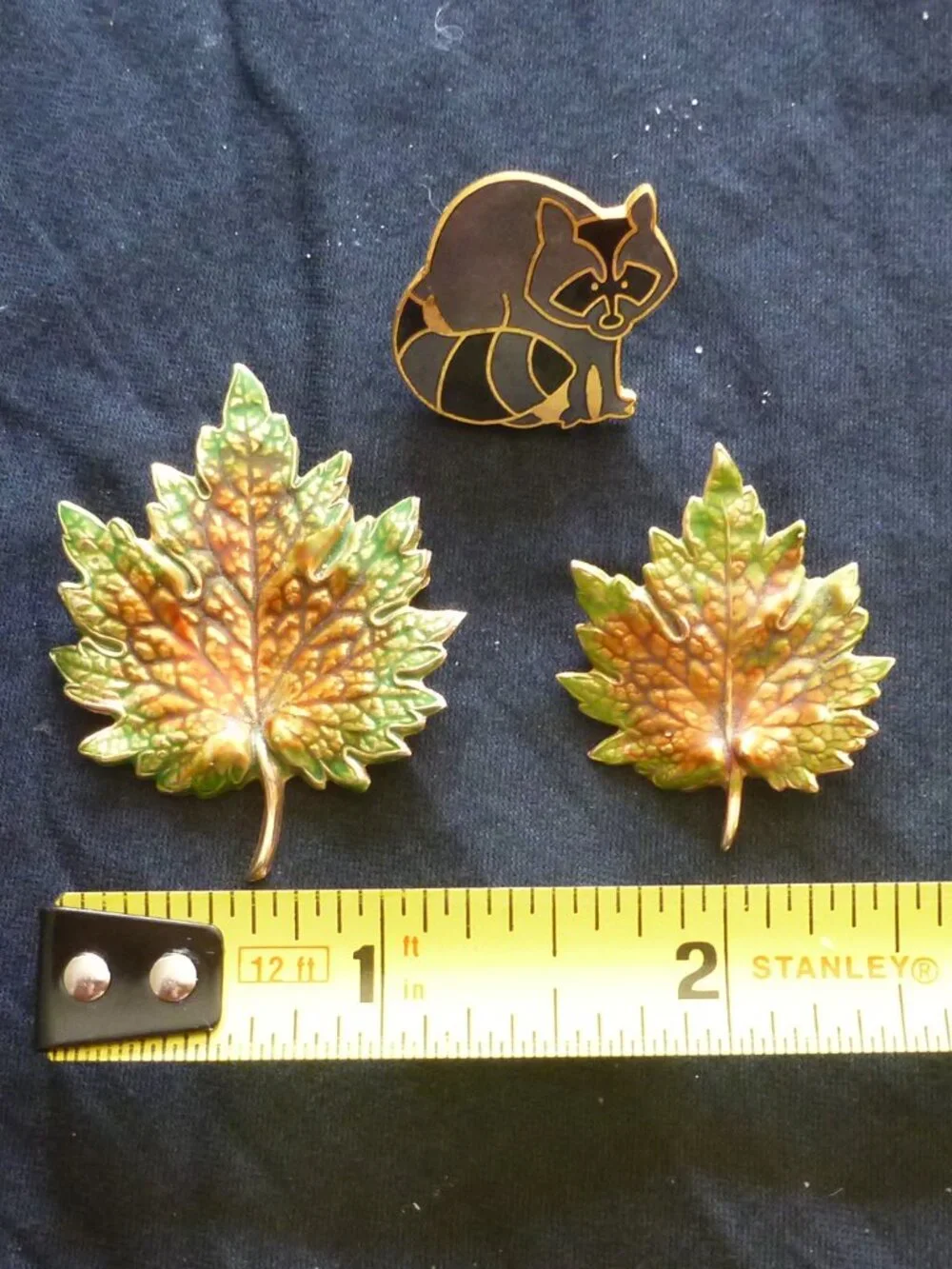 Vintage Autumn Enamel Maple Leaf Brooch Set & Signed DRL Creations Raccoon Pin